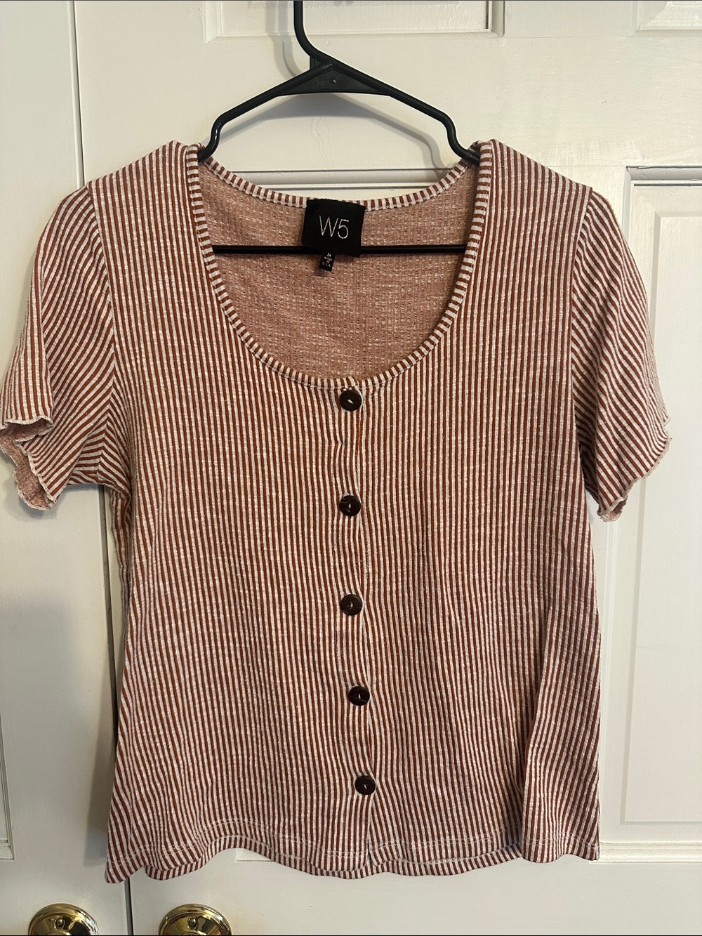 W5 Rust and White Striped Button-Front Short Sleeve Top